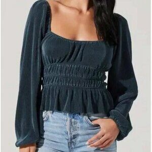 ASTR The Label Women's Size L Ziva Pleated Peasant Deep Teal Blouse NWOT